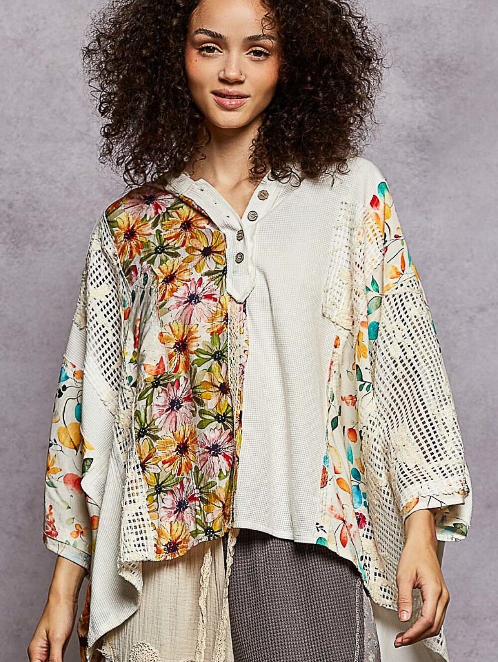 POL Ivory Floral Patchwork Crochet Hooded Oversized Top Style YKT1431